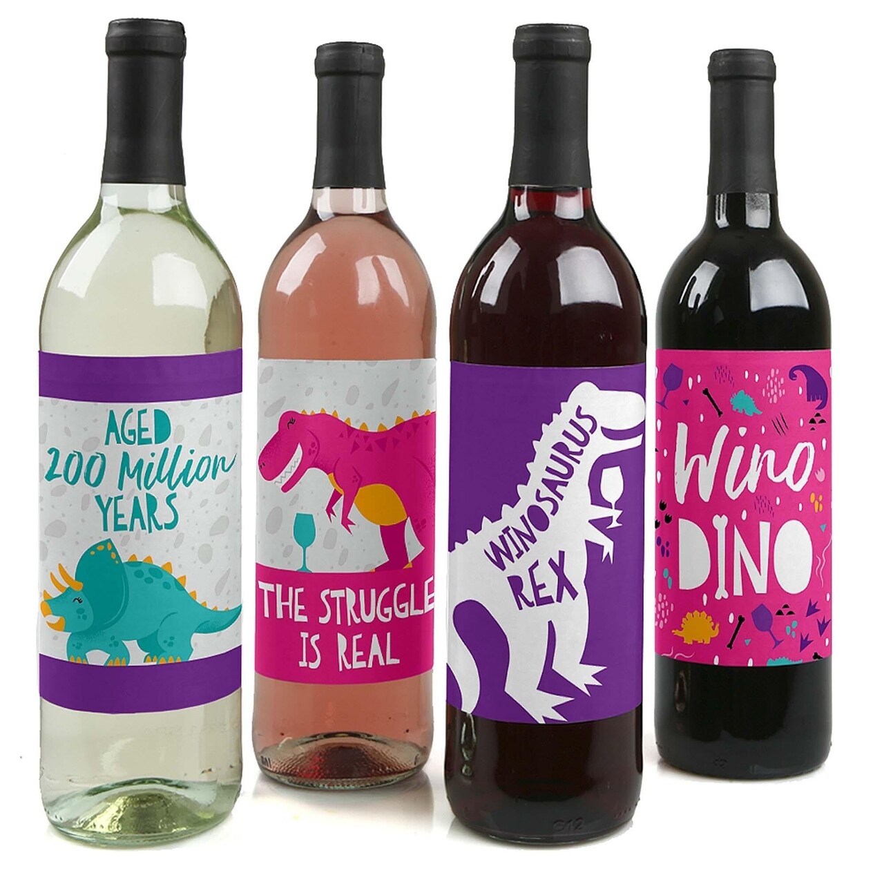 Big Dot of Happiness Roar Dinosaur Girl - Dino Mite T-Rex Party Decorations for Women and Men - Wine Bottle Label Stickers - Set of 4